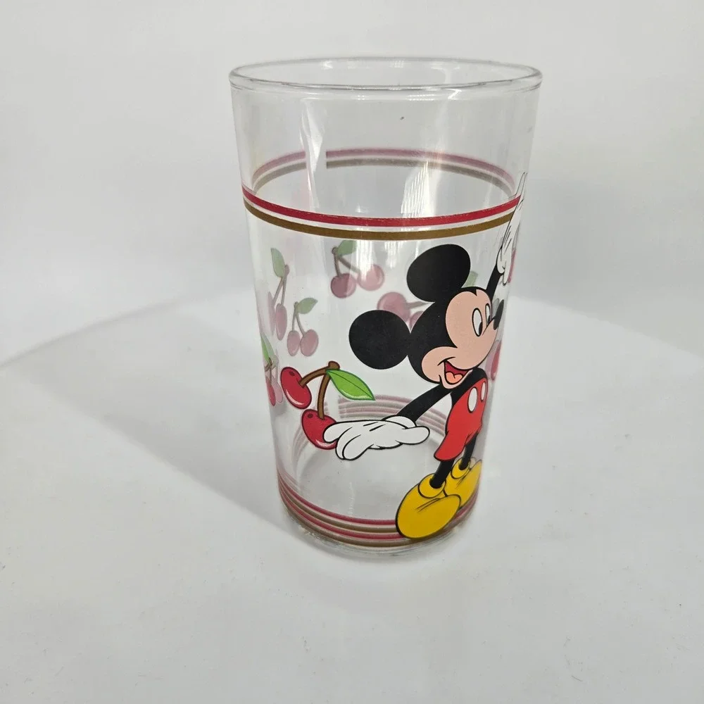 Disney Mickey Mouse Cherry Glass Tumbler Vintage Clear Drinking Glass Red Gold